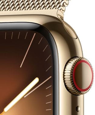 Chytré hodinky Apple Watch Series 9 Cellular eSIM funkce esim oboustranná komunikace Apple Pay Retina displej voděodolnost WR50 pro plavání detekce autonehody nové funkce fáze spánku SOS volání krytí proti prachu akcelerometr GPS stále zapnutý EKG monitorování tepu srdeční činnosti hudební přehrávač volání notifikace NFC platby Apple Pay hluk App Store Senzor pro snímání okysličení krve měření fyzické kondice VO2 max automatické přivolání pomoci