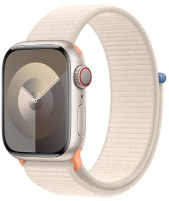 Chytré hodinky Apple Watch Series 9 Cellular Apple Pay Retina displej voděodolnost WR50 pro plavání detekce autonehody nové funkce fáze spánku SOS volání krytí proti prachu akcelerometr GPS stále zapnutý EKG monitorování tepu srdeční činnosti hudební přehrávač volání notifikace NFC platby Apple Pay hluk App Store Senzor pro snímání okysličení krve měření fyzické kondice VO2 max ovládání dvojitým poklepáním