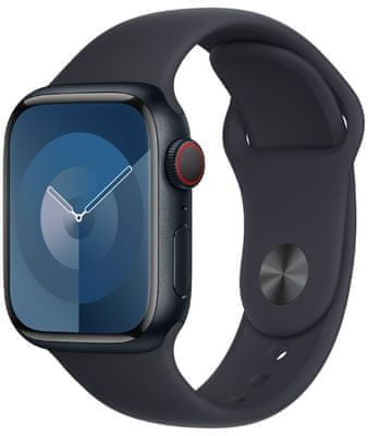 Chytré hodinky Apple Watch Series 9 Cellular Apple Pay Retina displej voděodolnost WR50 pro plavání detekce autonehody nové funkce fáze spánku SOS volání krytí proti prachu akcelerometr GPS stále zapnutý EKG monitorování tepu srdeční činnosti hudební přehrávač volání notifikace NFC platby Apple Pay hluk App Store Senzor pro snímání okysličení krve měření fyzické kondice VO2 max ovládání dvojitým poklepáním