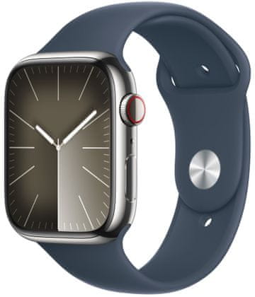 Chytré hodinky Apple Watch Series 9 Cellular Apple Pay Retina displej voděodolnost WR50 pro plavání detekce autonehody nové funkce fáze spánku SOS volání krytí proti prachu akcelerometr GPS stále zapnutý EKG monitorování tepu srdeční činnosti hudební přehrávač volání notifikace NFC platby Apple Pay hluk App Store Senzor pro snímání okysličení krve měření fyzické kondice VO2 max ovládání dvojitým poklepáním Apple Watch Series 9, Cellular, 41mm Stainless Steel