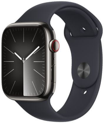 Chytré hodinky Apple Watch Series 9 Cellular Apple Pay Retina displej voděodolnost WR50 pro plavání detekce autonehody nové funkce fáze spánku SOS volání krytí proti prachu akcelerometr GPS stále zapnutý EKG monitorování tepu srdeční činnosti hudební přehrávač volání notifikace NFC platby Apple Pay hluk App Store Senzor pro snímání okysličení krve měření fyzické kondice VO2 max ovládání dvojitým poklepáním Apple Watch Series 9, Cellular, Stainless Steel