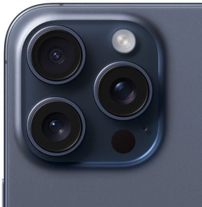 Apple iPhone 15 Pro Max, supervýkonný procesor, strojové učení, A17 Pro, velký displej, trojitý zadní ultraširokoúhlý fotoaparát, přední fotoaparát, 48 Mpx, 12 Mpx, IP68, voděodolný, Face ID, Dolby Atmos