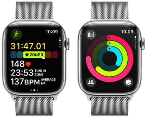 Inteligentné hodinky Apple Watch Series 9 Cellular eSIM funkcia esim obojstranná komunikácia Apple Pay Retina displej vodeodolnosť WR50 pre plávanie detekcia autonehody nové funkcie fázy spánku SOS volanie krytie proti prachu akcelerometer GPS stále zapnutý EKG monitorovanie tepu srdcovej činnosti hudobný prehrávač volanie notifikácia NFC platby Store Senzor na snímanie okysličenia krvi meranie fyzickej kondície VO2 max ovládanie dvojitým poklopaním