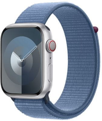 Chytré hodinky Apple Watch Series 9 Cellular Apple Pay Retina displej voděodolnost WR50 pro plavání detekce autonehody nové funkce fáze spánku SOS volání krytí proti prachu akcelerometr GPS stále zapnutý EKG monitorování tepu srdeční činnosti hudební přehrávač volání notifikace NFC platby Apple Pay hluk App Store Senzor pro snímání okysličení krve měření fyzické kondice VO2 max ovládání dvojitým poklepáním