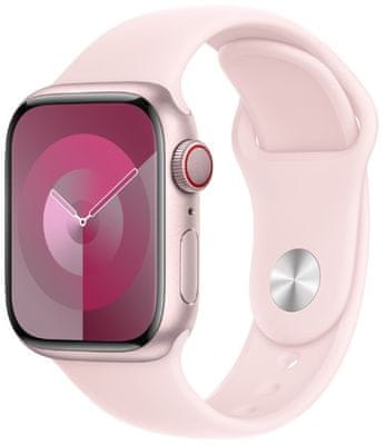 Chytré hodinky Apple Watch Series 9 Cellular Apple Pay Retina displej voděodolnost WR50 pro plavání detekce autonehody nové funkce fáze spánku SOS volání krytí proti prachu akcelerometr GPS stále zapnutý EKG monitorování tepu srdeční činnosti hudební přehrávač volání notifikace NFC platby Apple Pay hluk App Store Senzor pro snímání okysličení krve měření fyzické kondice VO2 max ovládání dvojitým poklepáním