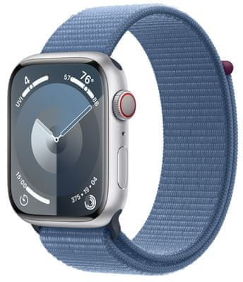 Chytré hodinky Apple Watch Series 9 Cellular Apple Pay Retina displej voděodolnost WR50 pro plavání detekce autonehody nové funkce fáze spánku SOS volání krytí proti prachu akcelerometr GPS stále zapnutý EKG monitorování tepu srdeční činnosti hudební přehrávač volání notifikace NFC platby Apple Pay hluk App Store Senzor pro snímání okysličení krve měření fyzické kondice VO2 max ovládání dvojitým poklepáním