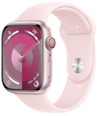 Chytré hodinky Apple Watch Series 9 Cellular Apple Pay Retina displej voděodolnost WR50 pro plavání detekce autonehody nové funkce fáze spánku SOS volání krytí proti prachu akcelerometr GPS stále zapnutý EKG monitorování tepu srdeční činnosti hudební přehrávač volání notifikace NFC platby Apple Pay hluk App Store Senzor pro snímání okysličení krve měření fyzické kondice VO2 max ovládání dvojitým poklepáním