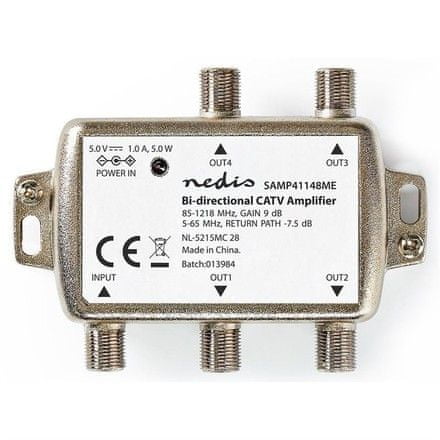 Nedis Zesilovač CATV, Max. zesílení 12 dB, 85-1218 MHz, 4 výstupy, zpětný kanál - 7, 5 dB, 5-65 MHz, konektor F
