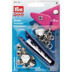 PRYM Stiskací knoflíky + narážeč Jersey, 10 mm, 9 ks, hladká čepička, stříbrné