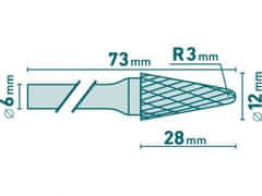 Extol Industrial Fréza karbidová, konická 14° zakulacená, pr.12x28mm/stopka 6mm,sek střední (double-cut)