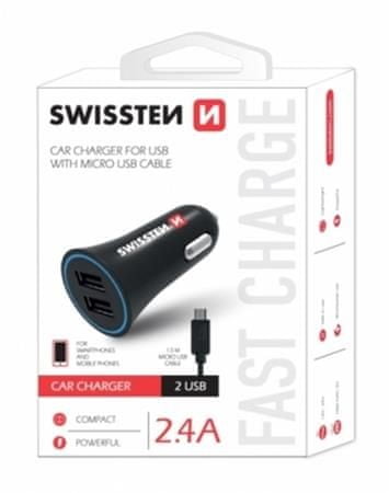 SWISSTEN CAR CHARGER 2,4A POWER WITH 2x USB + CABLE MICRO USB