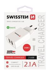 SWISSTEN SÍŤOVÝ ADAPTÉR SMART IC, CE 2x USB 2,1 A POWER BÍLÝ + DATOVÝ KABEL USB / TYPE C 1,2 M BÍLÝ