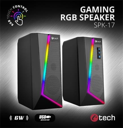 C-Tech reproduktory SPK-17, 2.0, 6W, RGB podsvícení, 3,5mm jack, USB napájení, černé