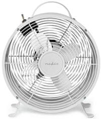 Nedis stolní ventilátor/ průměr 25 cm/ výkon 20 W/ síťové napájení/ 2 rychlosti/ kovový/ bílý