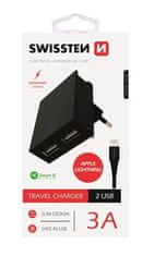 SWISSTEN SÍŤOVÝ ADAPTÉR SMART IC, CE 2x USB 3 A POWER ČERNÝ+ DATOVÝ KABEL USB / LIGHTNING MFi 1,2 M ČERNÝ