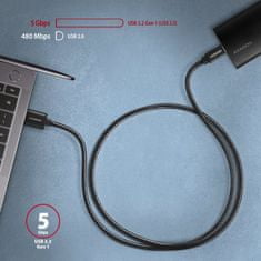 AXAGON BUCM3-AM15AB, SPEED kabel USB-C <-> USB-A, 1.5m, USB 3.2 Gen 1, 3A, ALU, oplet, černý