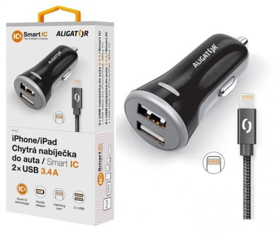 Aligator 3.4A, 2xUSB, smart IC, černá, USB kabel pro iPhone/iPad