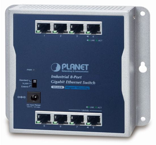 Planet průmyslový plochý switch 8x 1Gb, 12VDC, IP30, -20/60st, fanless