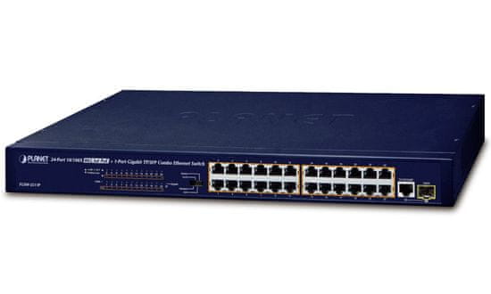 Planet FGSW-2511P PoE switch, 24x100Mb + 1x1Gb-TP/SFP, 24x PoE 802.3at do 190W, VLAN, ext.mod. 10Mb PoE@250m