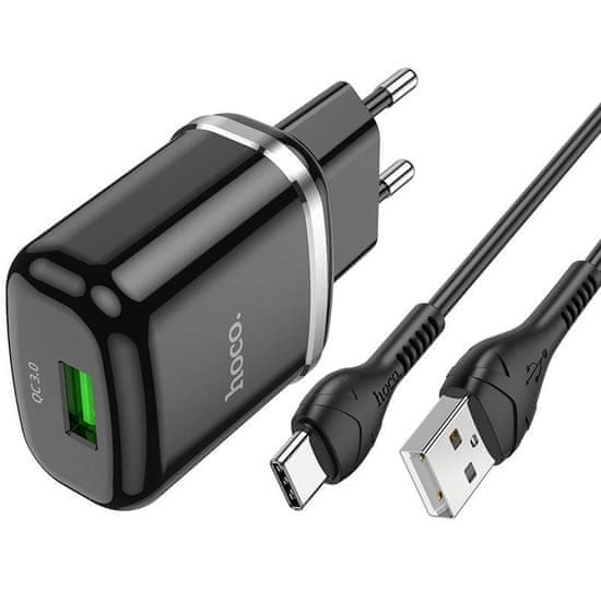 Hoco Nabíječka do sítě USB 18W QC3.0 3A + kabel USB-C 1m HOCO N3 Rychlé nabíjení USB typ C černá