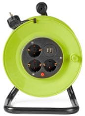 Nedis kabelový buben/ 3x 1,5 mm2/ 3x zásuvka/ tepelná elektrická pojistka/ Typ F/ USB/ zeleno-černá/ 25 m