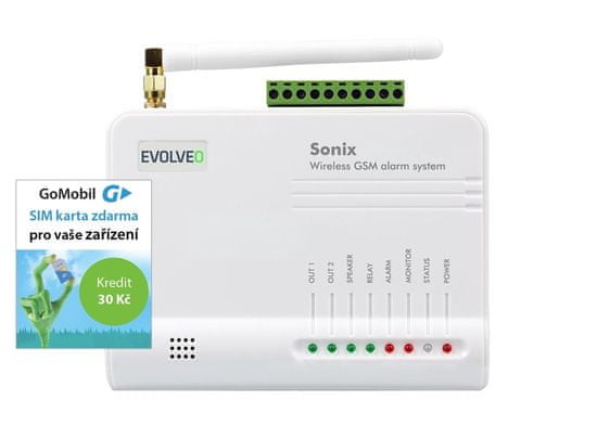 Evolveo Sonix - bezdrátový GSM alarm (4ks dálk. ovlád.,PIR čidlo pohybu,čidlo na dveře/okno,externí repro,Android/iPhone) + SIM