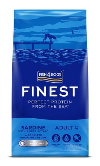 Fish4Dogs Granule velké pro dospělé psy Finest sardinka se sladkými bramborami 12kg,1+