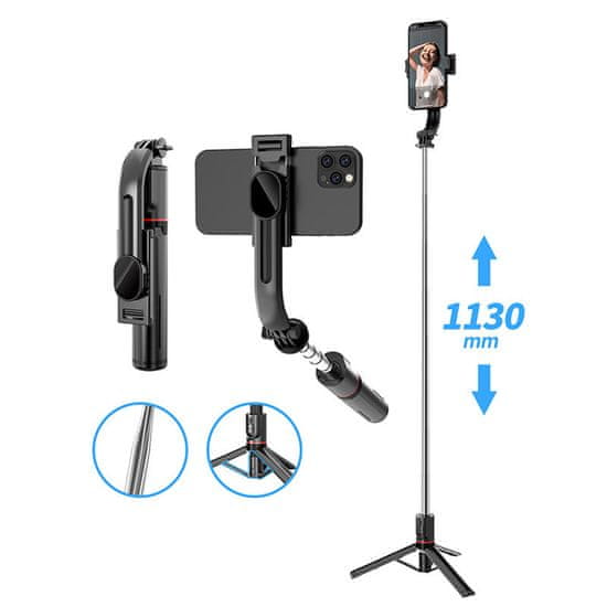 Techsuit Selfie tyč Tripod Techsuit L13 Stabilní rozšiřitelný stativ s dálkovým ovládáním Bluetooth, 113 cm - černý