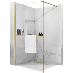 BPS-koupelny Bezrámová sprchová zástěna REA AERO N 90 cm + police a věšák EVO, zlatá kartáčovaná