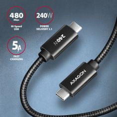 AXAGON kabel USB-C - USB-C, 240W 5A, ALU, opletený, 1m, černá