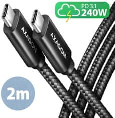 AXAGON kabel USB-C - USB-C, 240W 5A, ALU, opletený, 2m, černá
