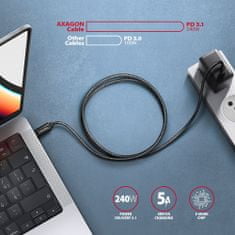 AXAGON kabel USB-C - USB-C, 240W 5A, ALU, opletený, 1m, černá