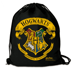 CurePink Bavlněnný gym bag - vak se šňůrkami Harry Potter: Erb Bradavice - Hogwarts Crest (35 x 44 cm) černá bavlna