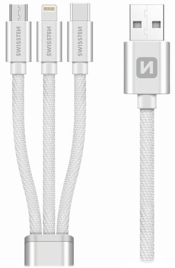 SWISSTEN Datový kabel 3in1 MFi, 1,2 m, textilní, (micro USB, USB-C, Lightning) stříbrný