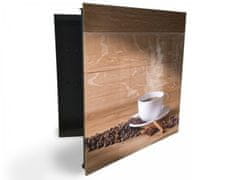 Glasdekor skříňka na klíče - bílý hrnek, káva a koření na dřevě - Otevírání: Pravé, Barva skříňky: Černá