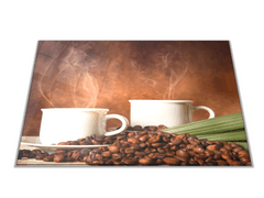 Glasdekor Skleněné prkénko káva a dva bílé hrníčky - Prkénko: 40x30cm
