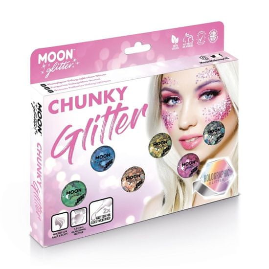 Smiffys Set třpytek Chunky holografický mix barev 6ks + fixační gel