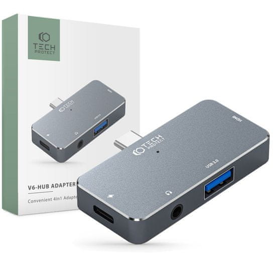 Tech-protect V6 HUB adaptér USB / USB-C / HDMI / 3.5mm jack, šedý