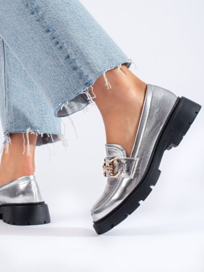 Amiatex Exkluzívní dámské stříbrné mokasíny platforma + Ponožky Gatta Calzino Strech