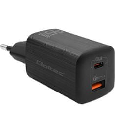 Qoltec Síťová nabíječka 65W GaN ULTRA | 5-20V | 2,25-3,25A | 1 x USB typ C PD | 1 x USB | Černá barva