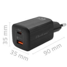 Qoltec Síťová nabíječka 65W GaN ULTRA | 5-20V | 2,25-3,25A | 1 x USB typ C PD | 1 x USB | Černá barva