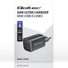 Qoltec Síťová nabíječka 65W GaN ULTRA | 5-20V | 2,25-3,25A | 1 x USB typ C PD | 1 x USB | Černá barva