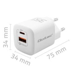 Qoltec Síťová nabíječka 35W GaN ULTRA | 5-20V | 2,25-3A | 1 x USB typ C PD | 1 x USB | Bílá