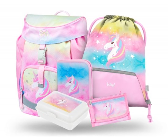 Presco Group BAAGL SET 5 Airy Rainbow Unicorn: batoh, penál, sáček, peněženka, box