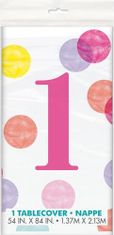 Unique Ubrus plastový - 1. narozeniny růžové puntíky, 1.37x2.13m