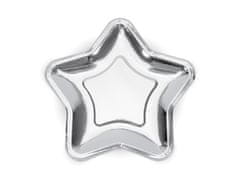 PartyDeco Talířky papírové "Hvězda" metalické stříbrné 23cm, 6ks