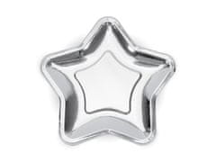 PartyDeco Talířky papírové "Hvězda" metalické stříbrné 18cm, 6ks