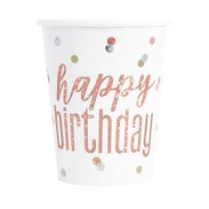 Unique Kelímky papírové - Happy birthday - rosegold s tečkami, 8ks