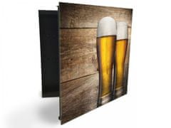 Glasdekor skříňka na klíče - dvě čepované piva pozadí dřevo - Otevírání: Levé, Barva skříňky: Bílá