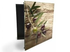 Glasdekor skříňka na klíče - větev oliv na dřevě - Otevírání: Levé, Barva skříňky: Bílá